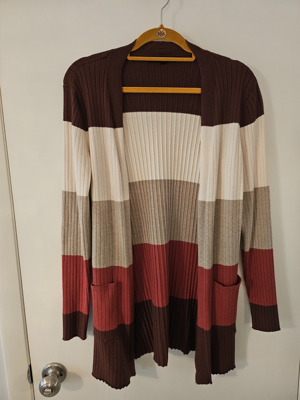 kathy ireland Open-Front Ribbed Stripe Long Cardigan in Brown, Cream & Red